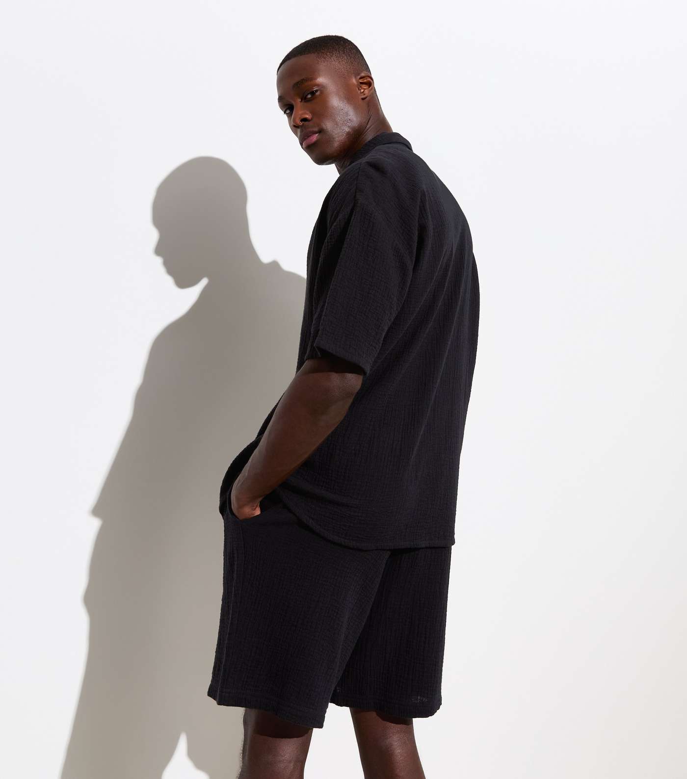 Black Textured Cotton Short Sleeve Oversized Shirt Image 4