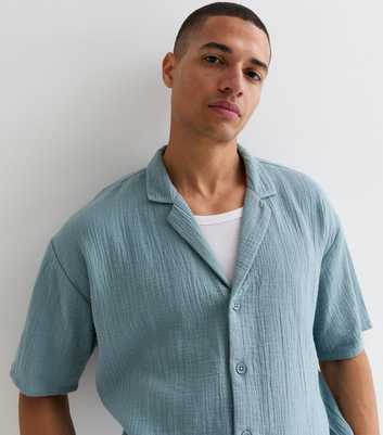 Blue Textured Short Sleeve Oversized Shirt