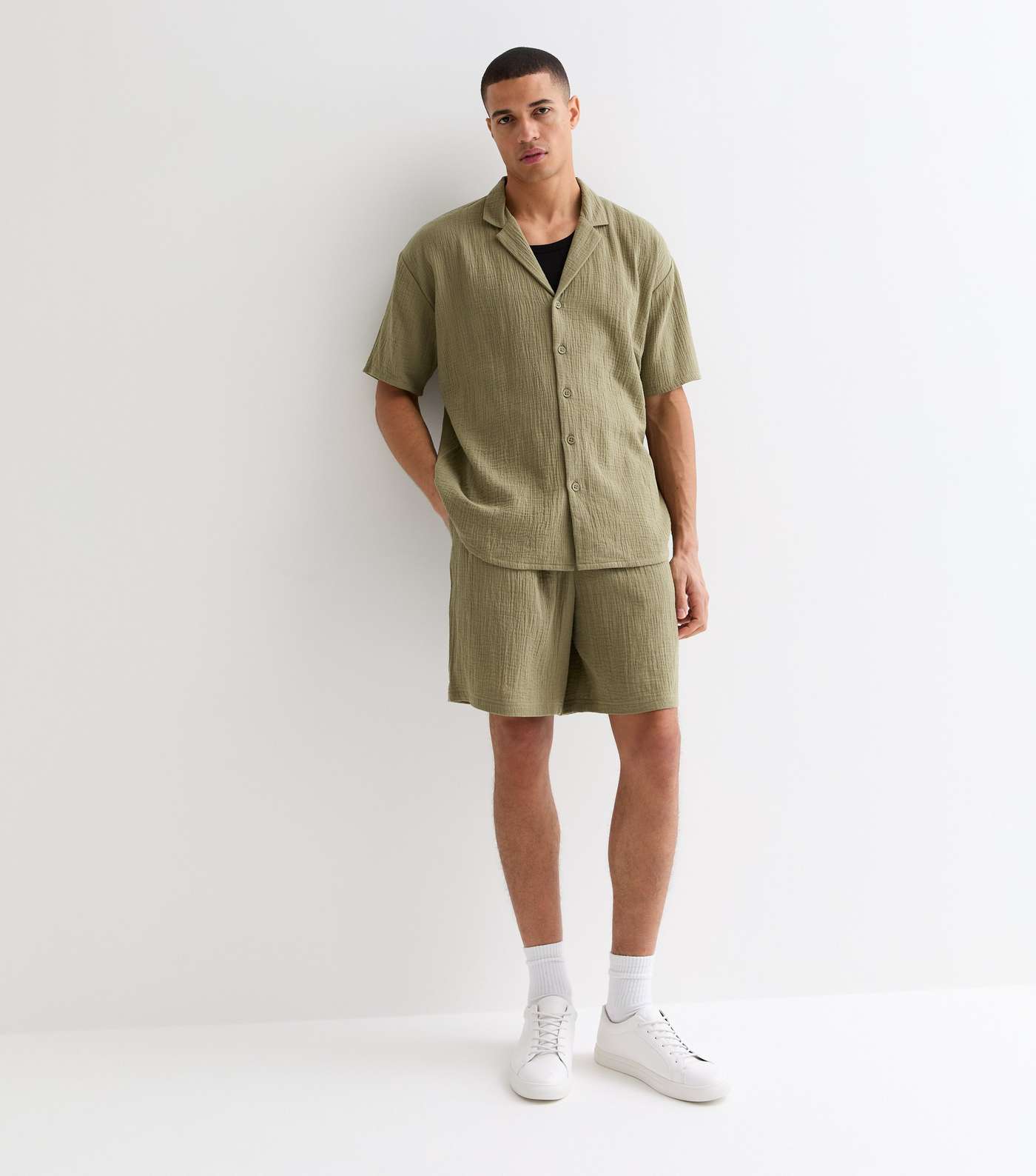 Olive Relaxed Fit Textured Cotton Shorts Image 3
