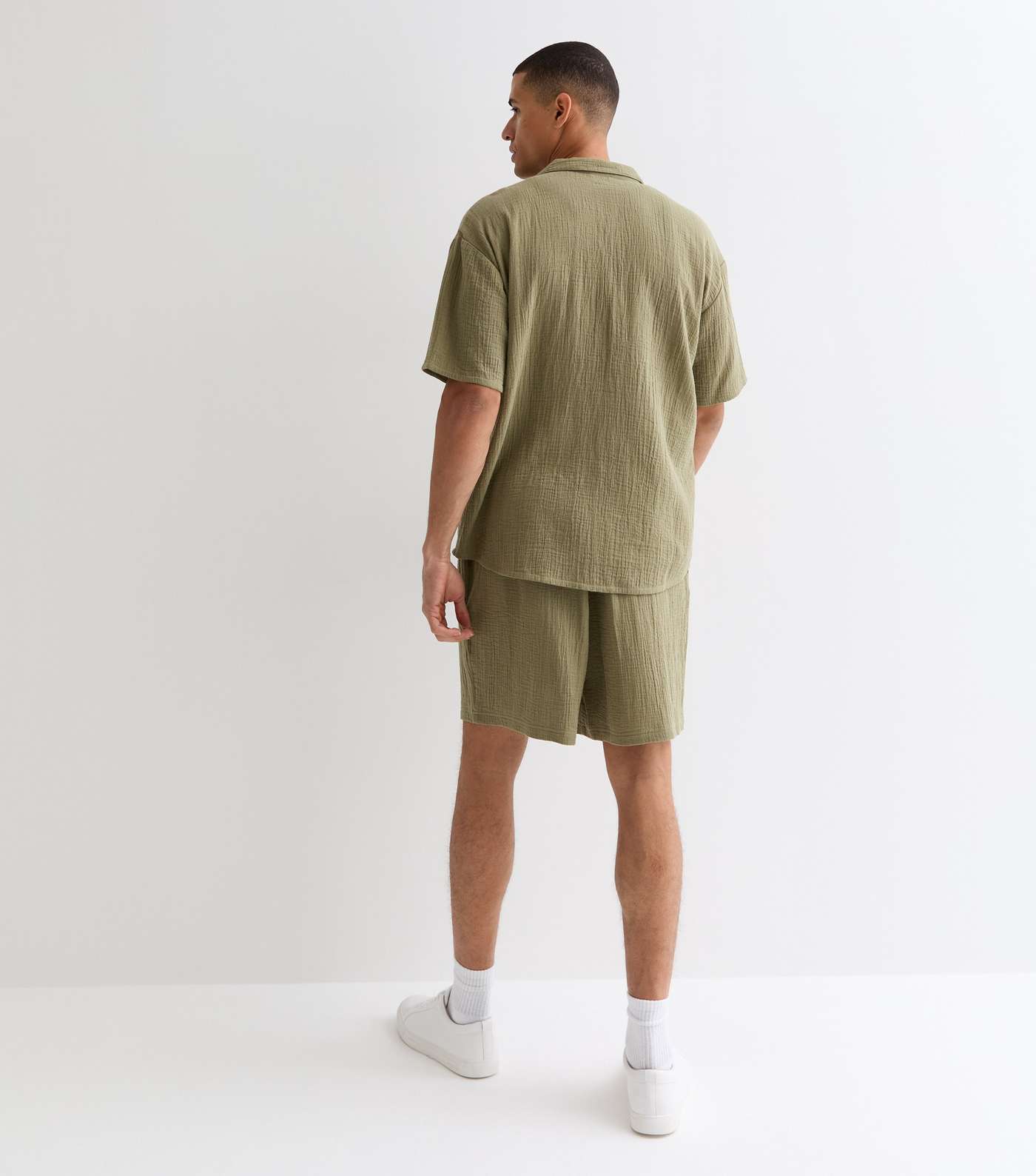 Olive Relaxed Fit Textured Cotton Shorts Image 5