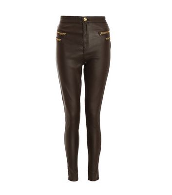 QUIZ Dark Brown Leather-Look Zip Skinny Trousers New Look