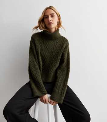 Khaki Cable Knit Roll Neck Jumper