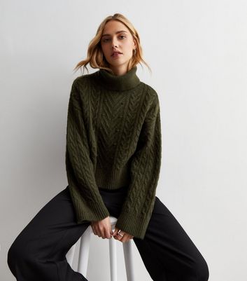 Khaki Cable Knit Roll Neck Jumper New Look