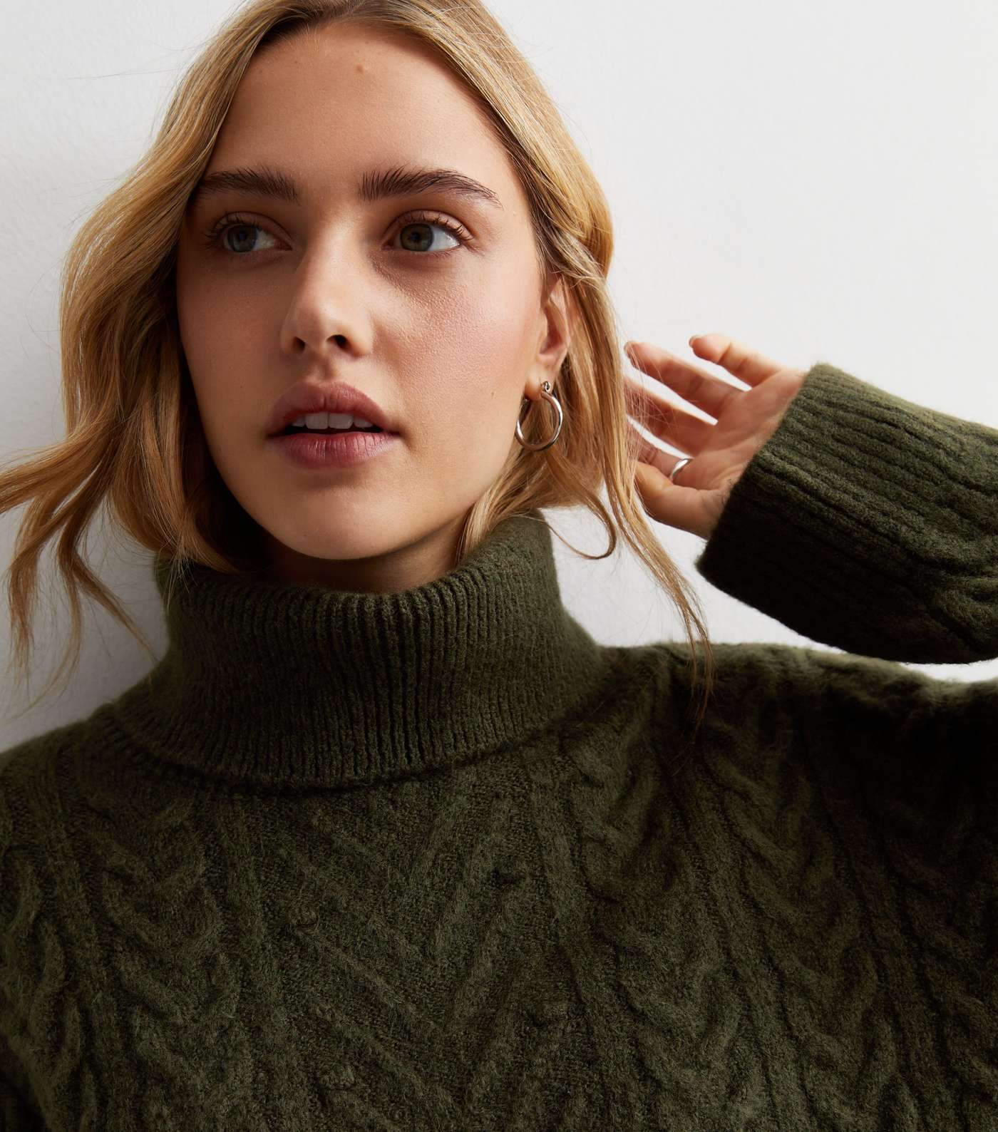 Khaki Cable Knit Roll Neck Jumper Image 2
