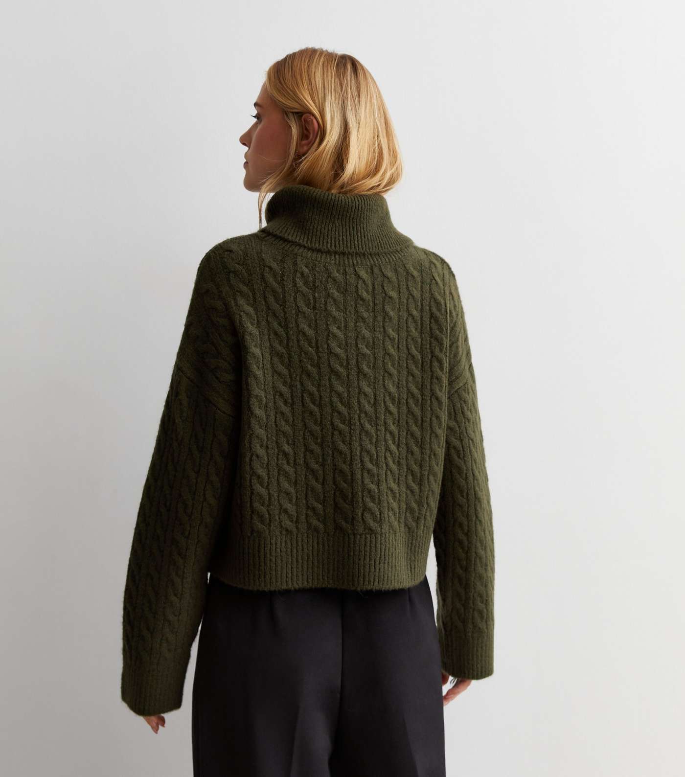 Khaki Cable Knit Roll Neck Jumper Image 4