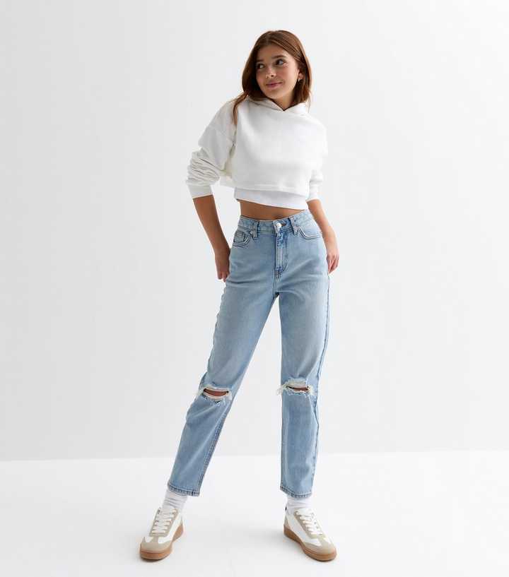 Girls Blue Ripped Tori Mom Jeans