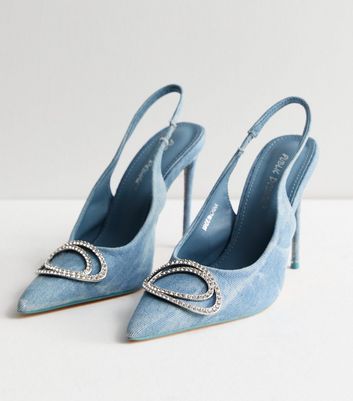Public Desire Prowl denim heeled shoes with metalwork in blue | ASOS