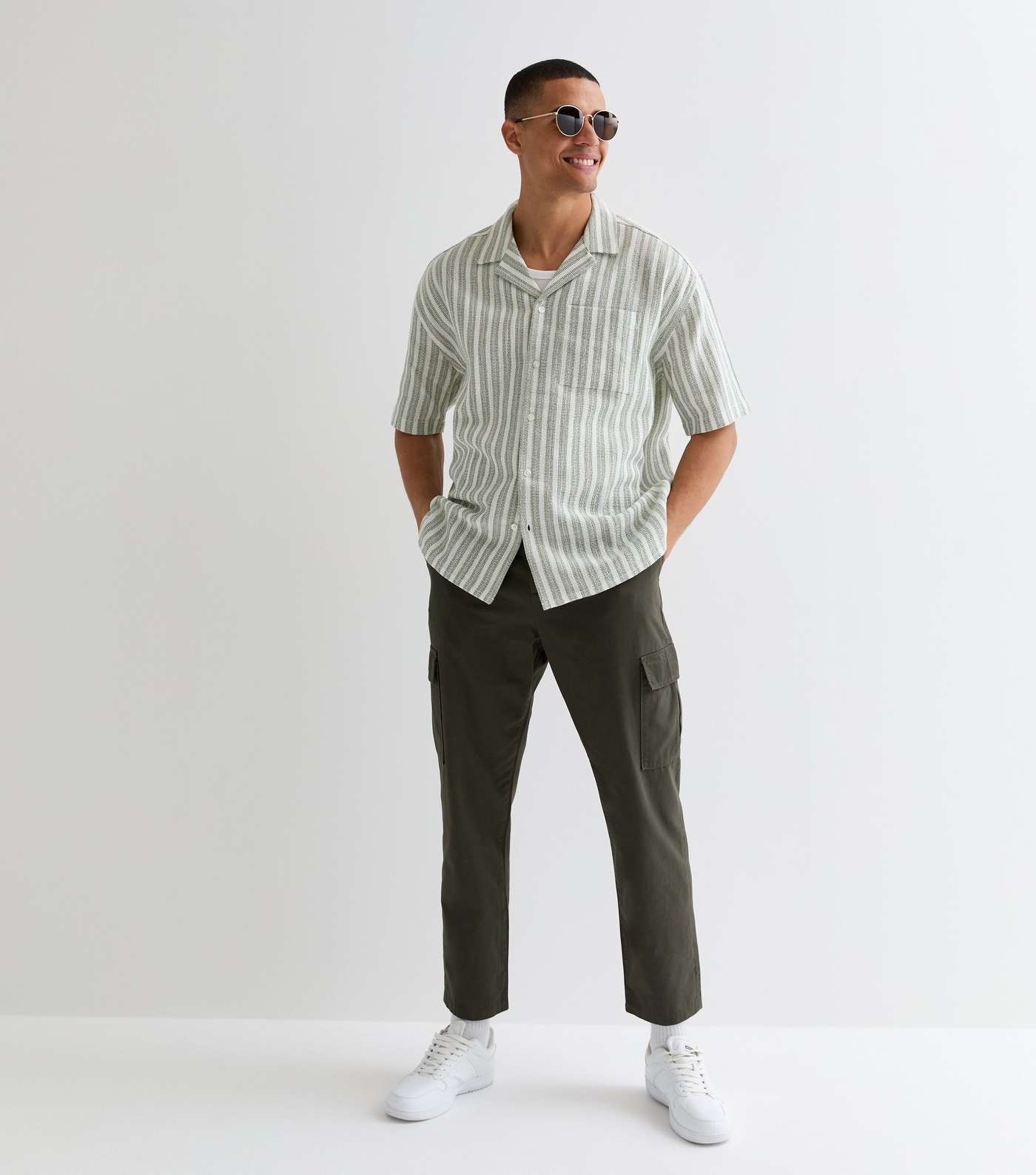 Green Stripe Textured Cotton Short Sleeve Shirt Image 3
