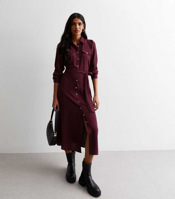 Burgundy Utility Belted Midi Shirt Dress