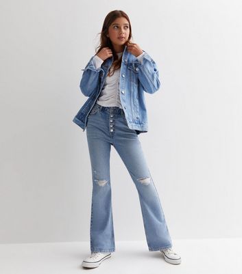 Girls Blue Ripped Knee Flared Jeans New Look