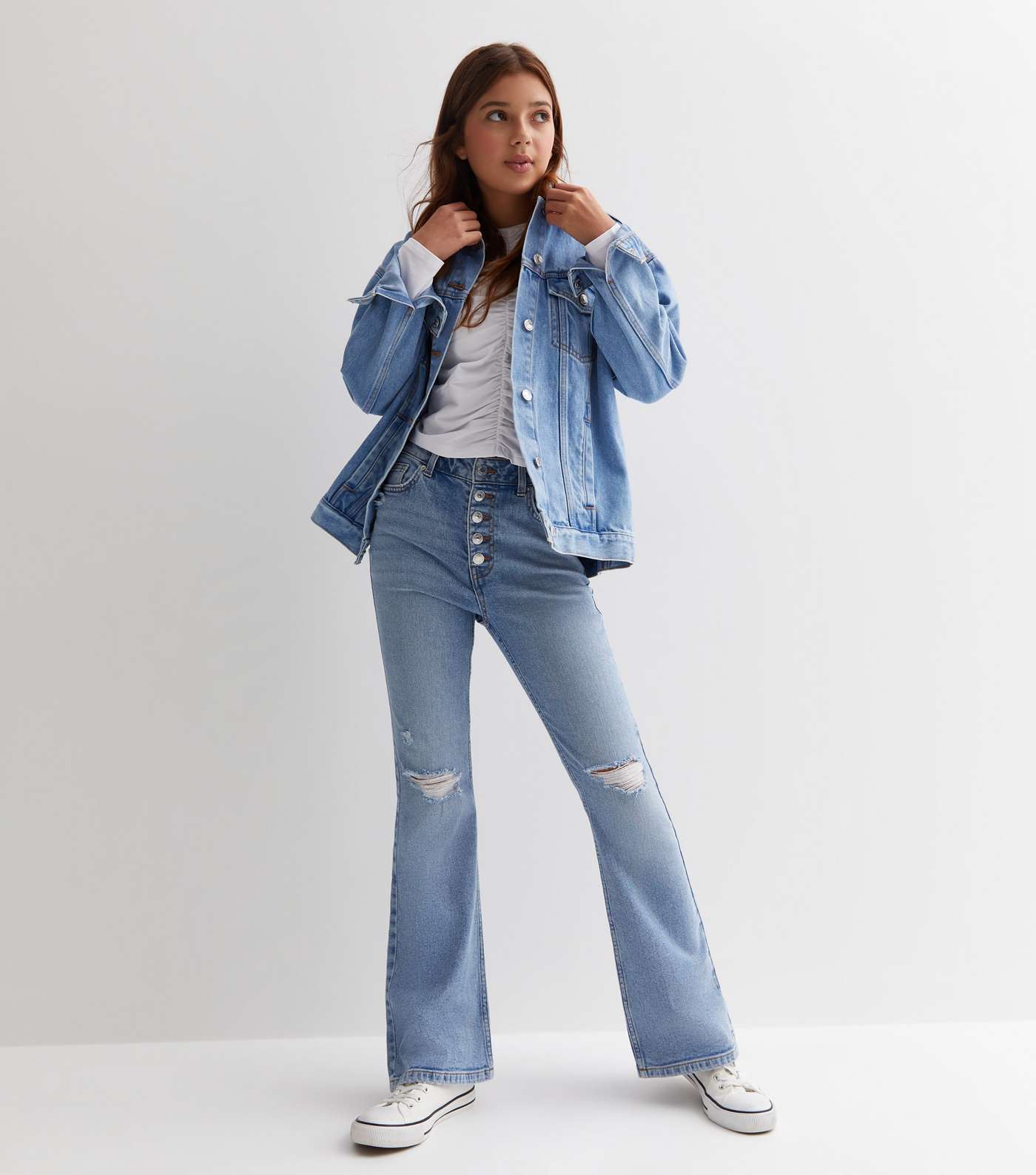 Girls Blue Ripped Knee Flared Jeans | New Look