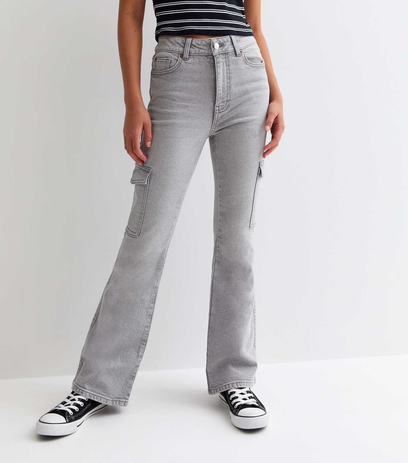 Girls Grey High Waist Flared Cargo Jeans Image 2