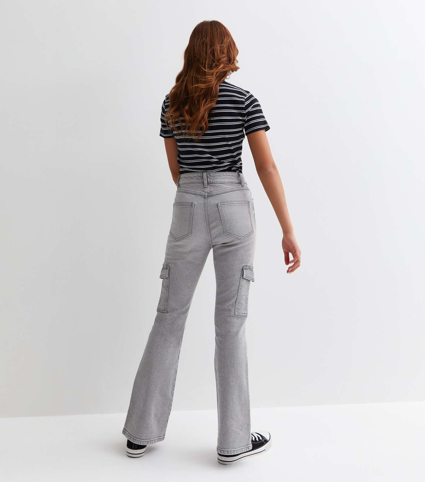 Girls Grey High Waist Flared Cargo Jeans Image 4