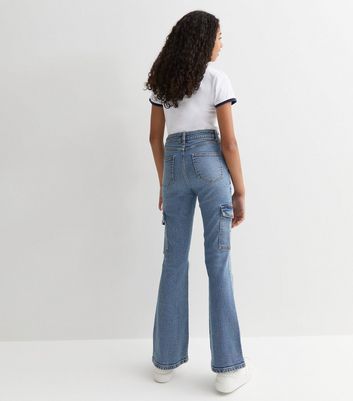 Girls Blue High Waist Flared Cargo Jeans New Look