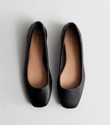 Black Leather-Look Square Toe Ballerina Pumps