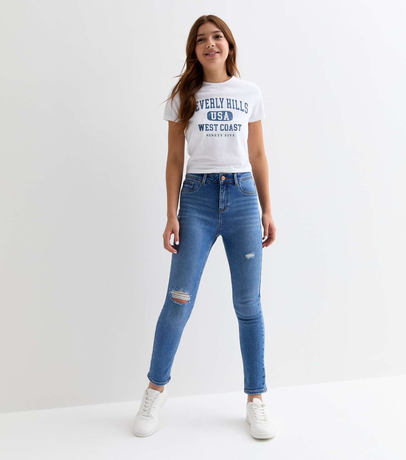 Girls Blue High Waist Ripped Knee Hallie Skinny Jeans Image 3