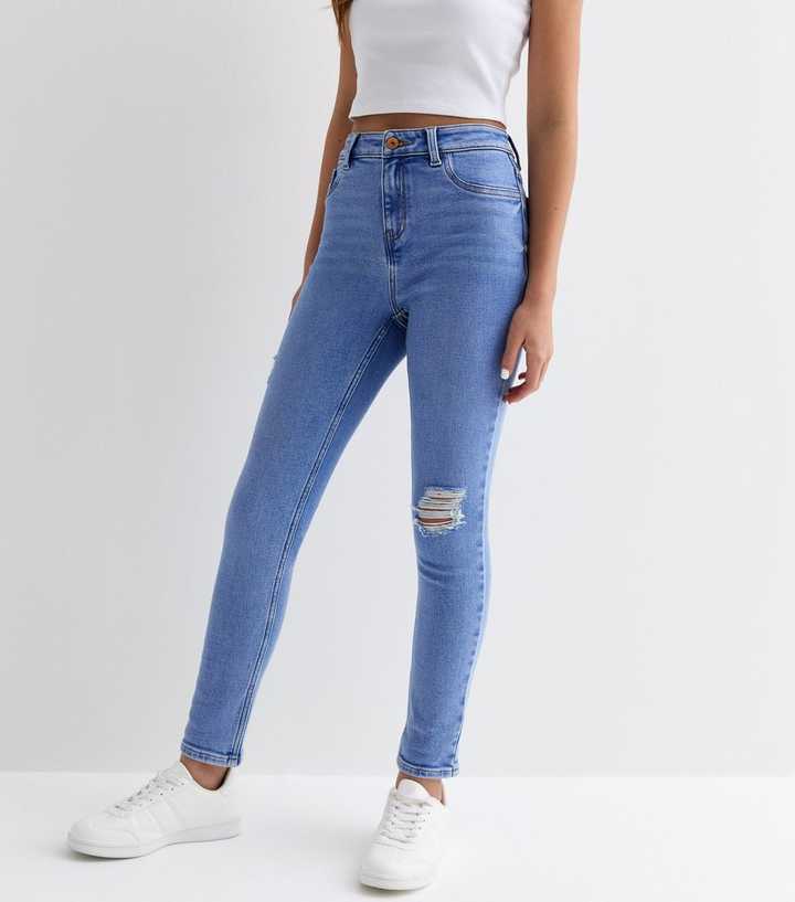 Girls Bright Blue High Waist Ripped Knee Hallie Skinny Jeans New