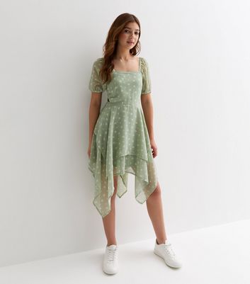 Girls Green Floral Chiffon Hanky Hem Mini Dress New Look
