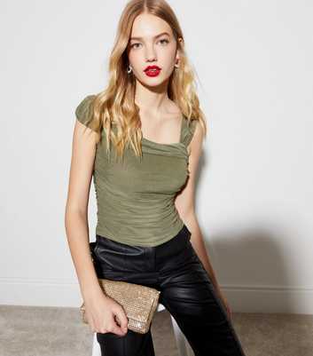 Khaki Jersey Ruched Strappy Top