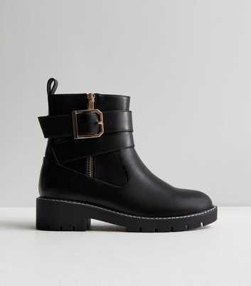 Wide Fit Black Buckle Chunky Boots
