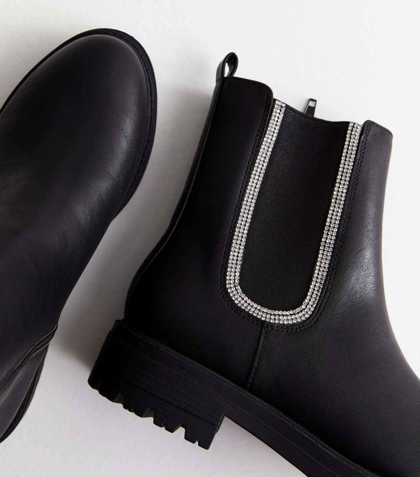 Black Leather-Look Diamanté Trim Chelsea Boots Image 3