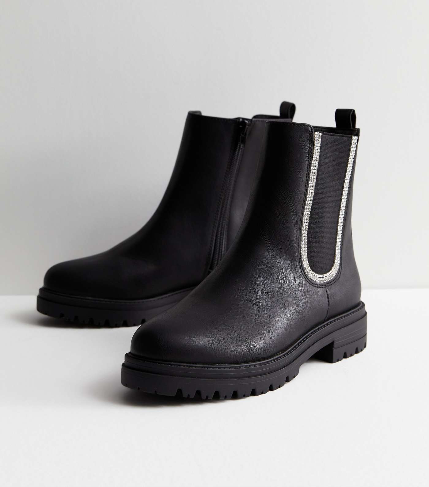 Black Leather-Look Diamanté Trim Chelsea Boots Image 5
