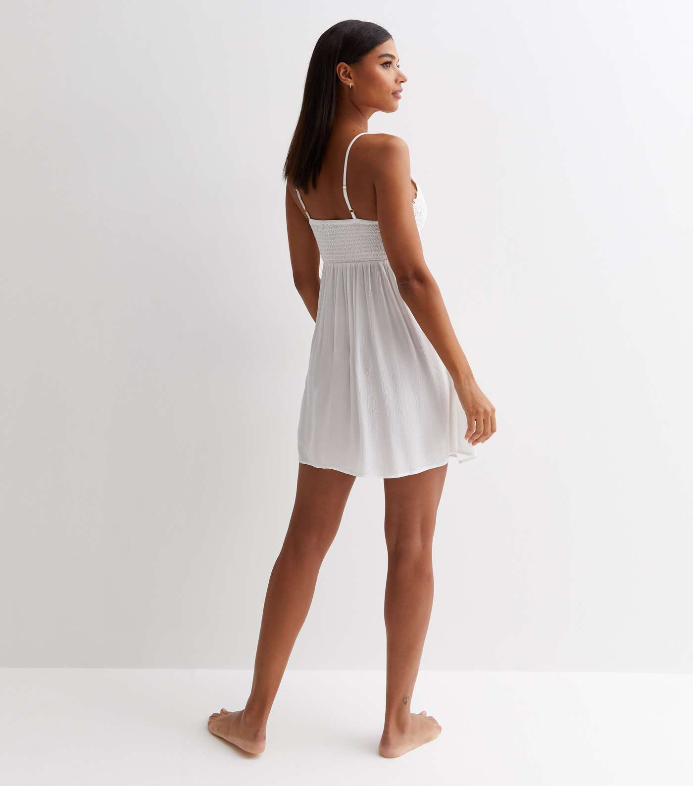 White Crochet Strappy Mini Beach Dress Image 4
