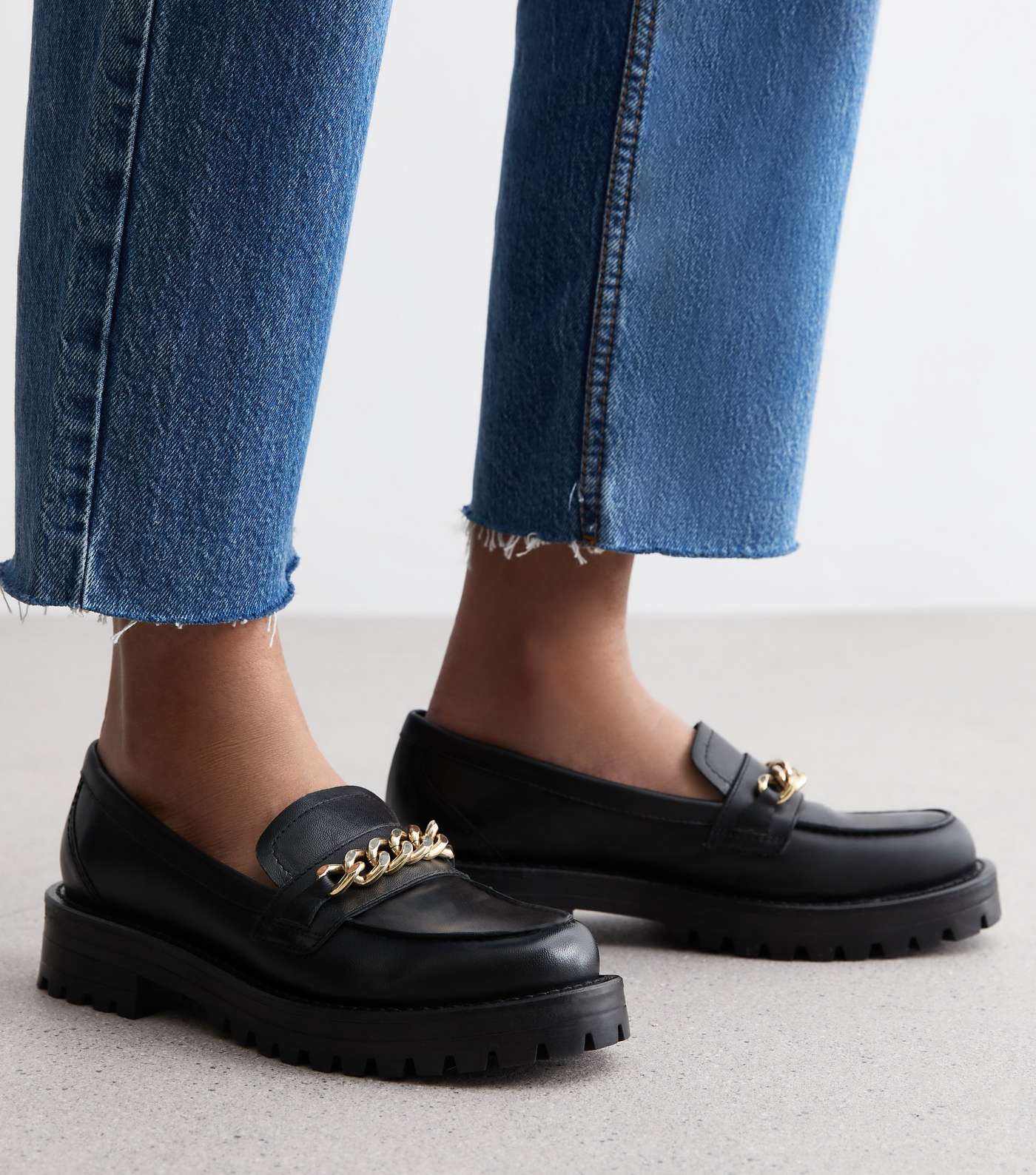 Black Leather Chain Chunky Loafers Image 2
