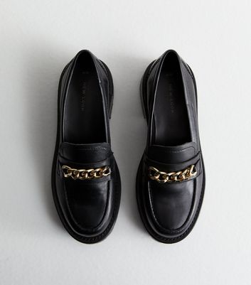 Black Leather Chain Chunky Loafers New Look