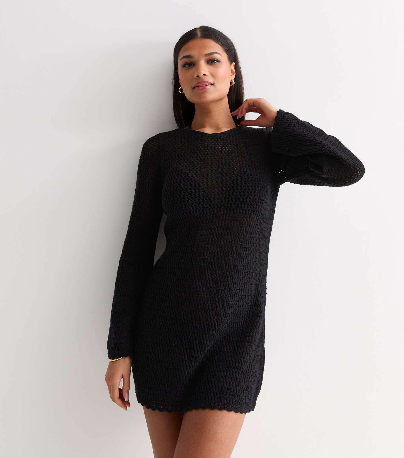 Black Crochet Long Sleeve Beach Dress Image 2