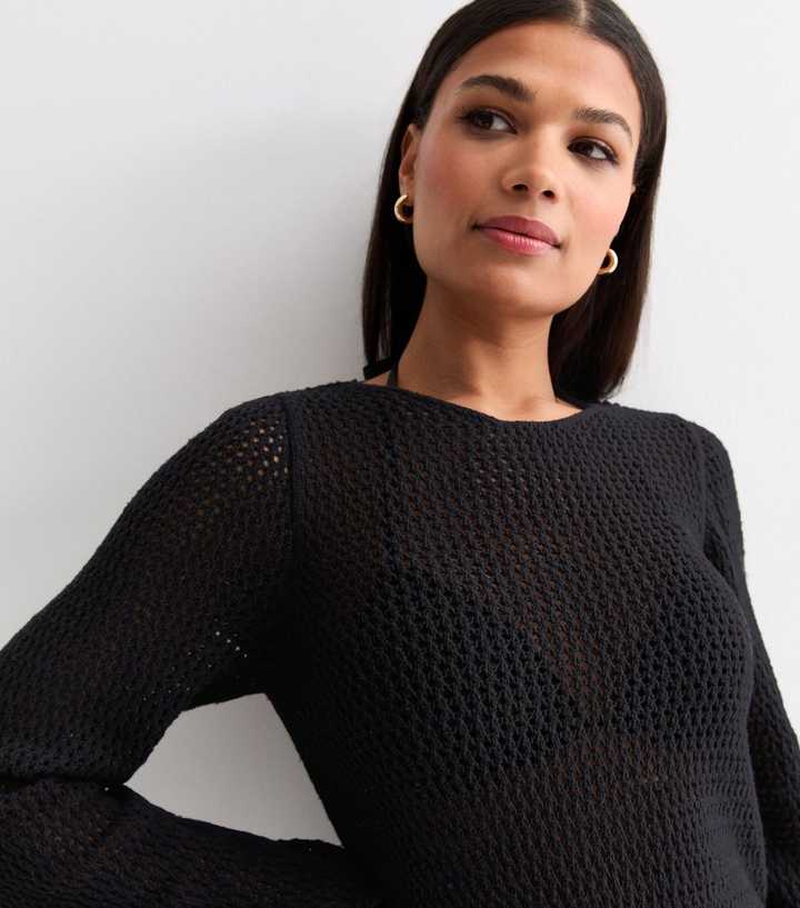 Black Crochet Long Sleeve Beach Dress