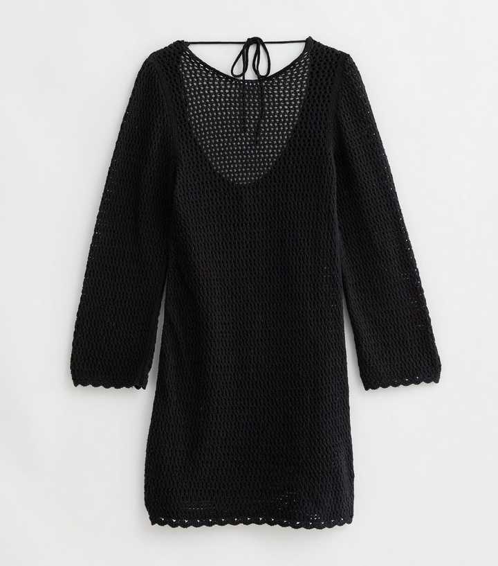 Black Crochet Long Sleeve Beach Dress