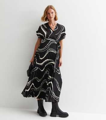 Maternity Black Swirl Print Satin Pleated Wrap Midaxi Dress
