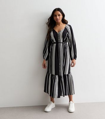 Petite Black Stripe Belted Maxi Dress New Look