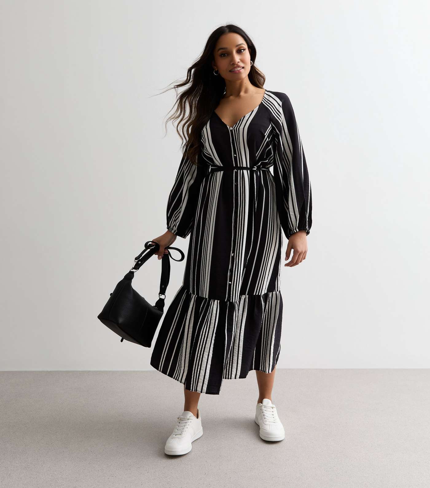 Petite Black Stripe Belted Maxi Dress Image 3