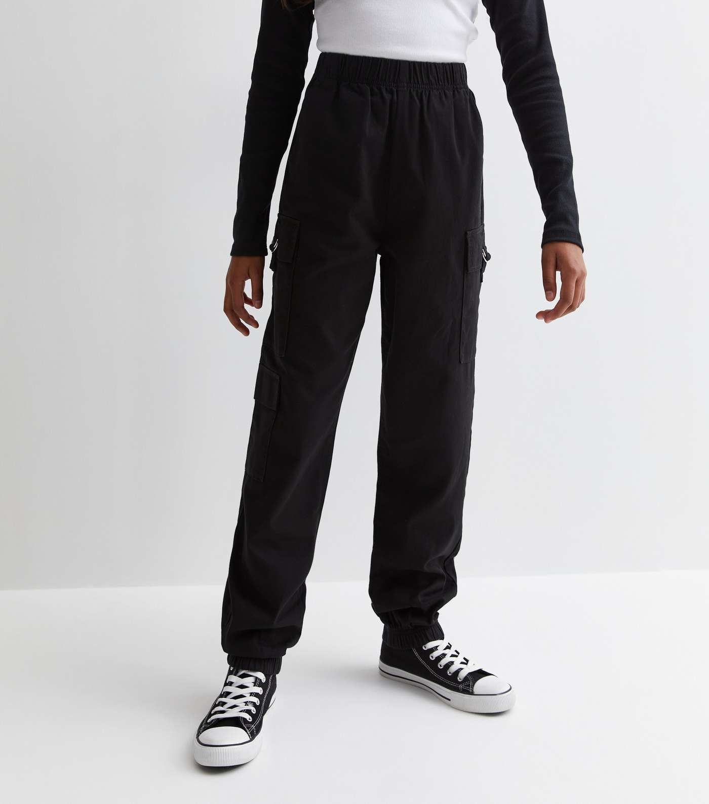 Black Cotton Cuffed Cargo Trousers Image 3