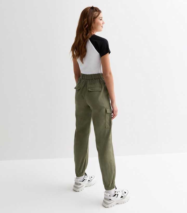 Girls Khaki Cotton Cuffed Cargo Trousers