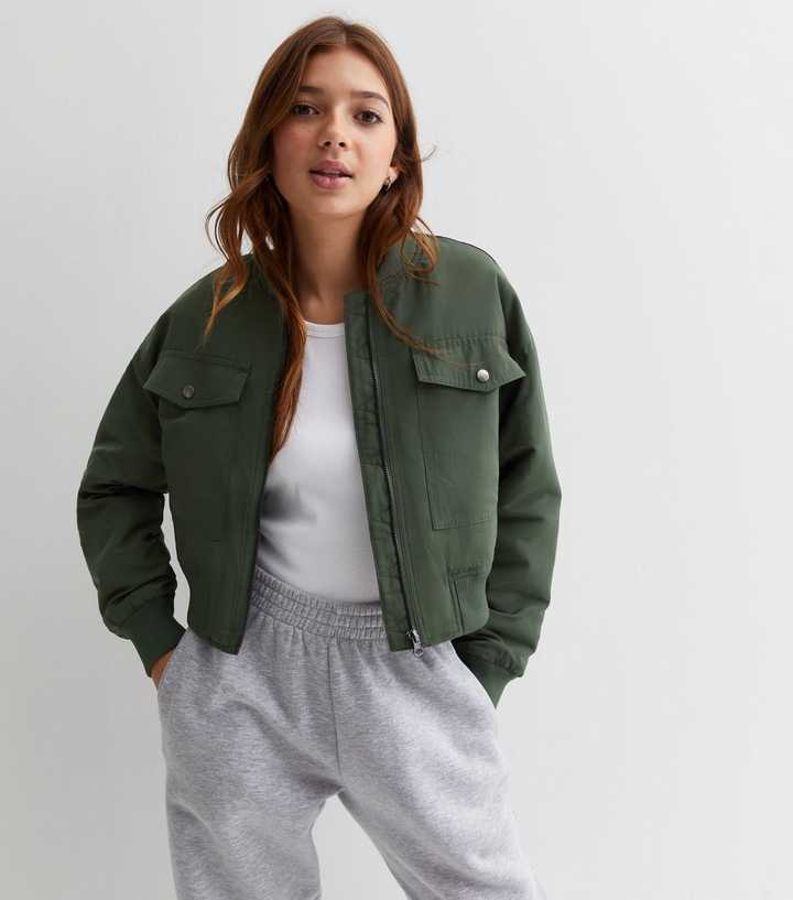 Girls Khaki Utility Bomber Jacket