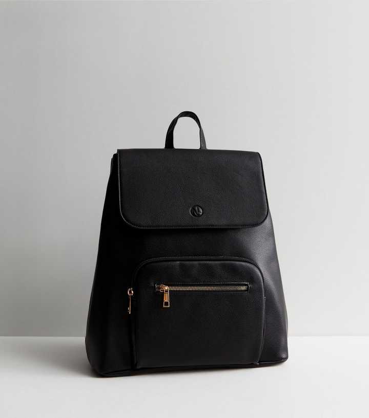 Black Leather-Look Flap Over Backpack