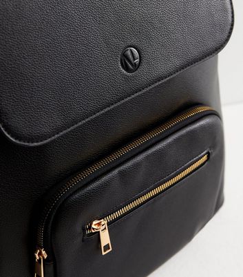 Black Leather Look Flap Over Backpack New Look