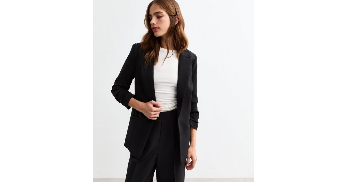 Ruched Sleeve Asymmetrical Blazer - Black