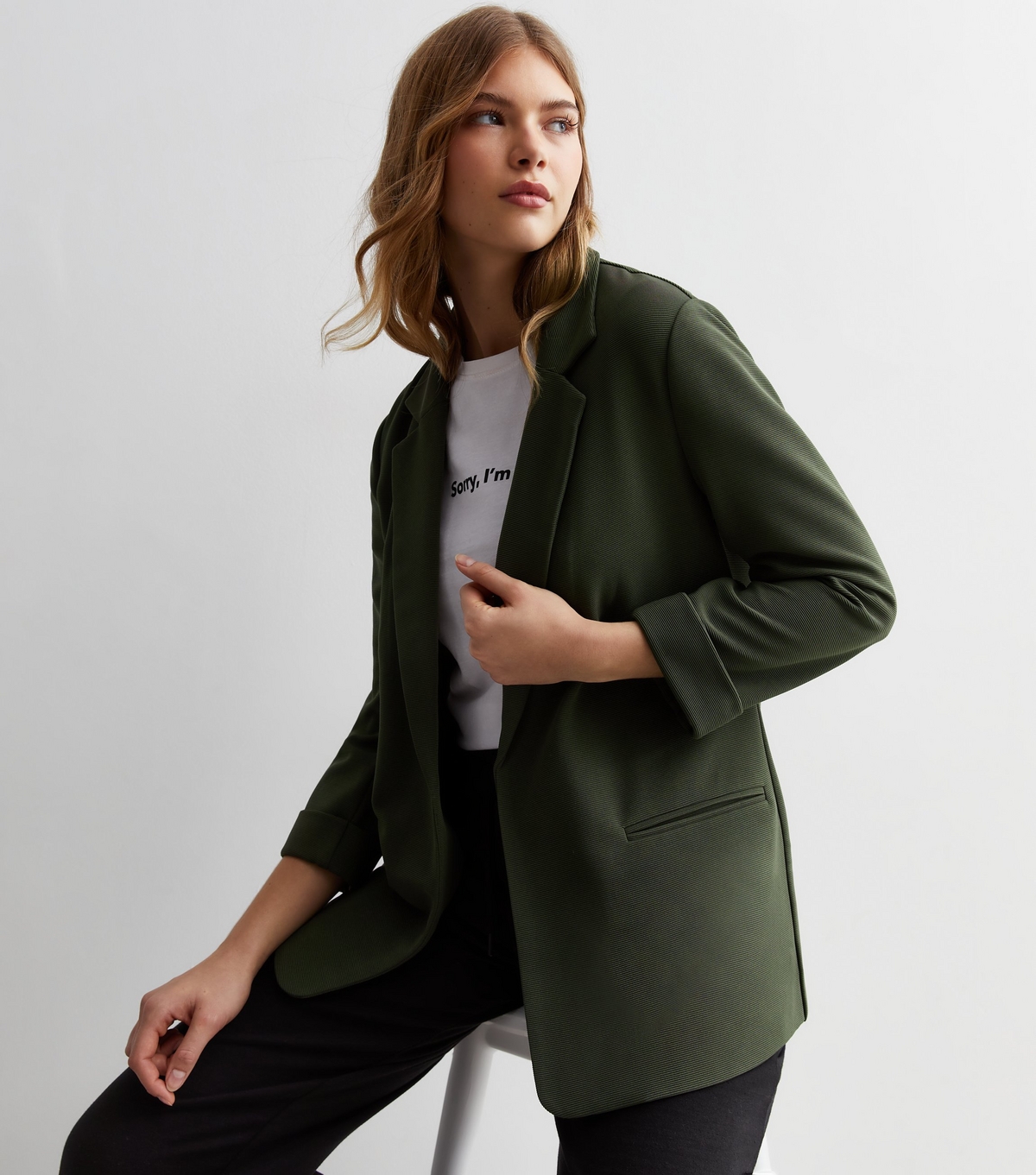Women's Khaki Ribbed Blazer New Look