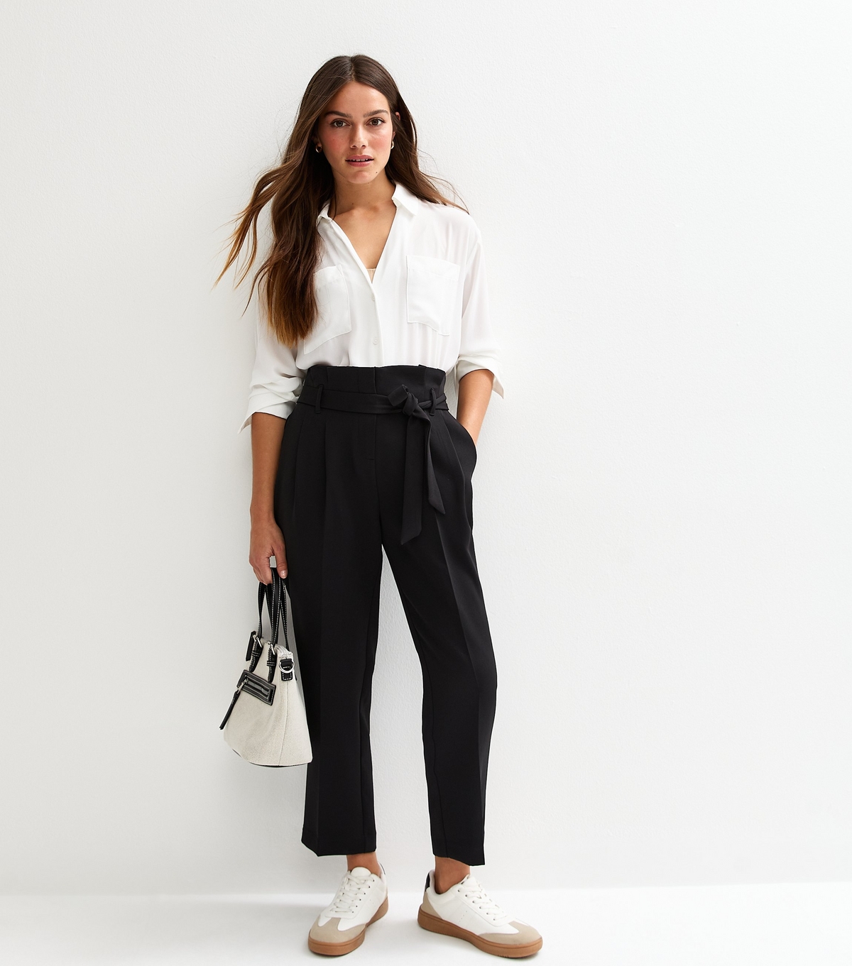 Women's Petite Black High Waist Paperbag Trousers New Look