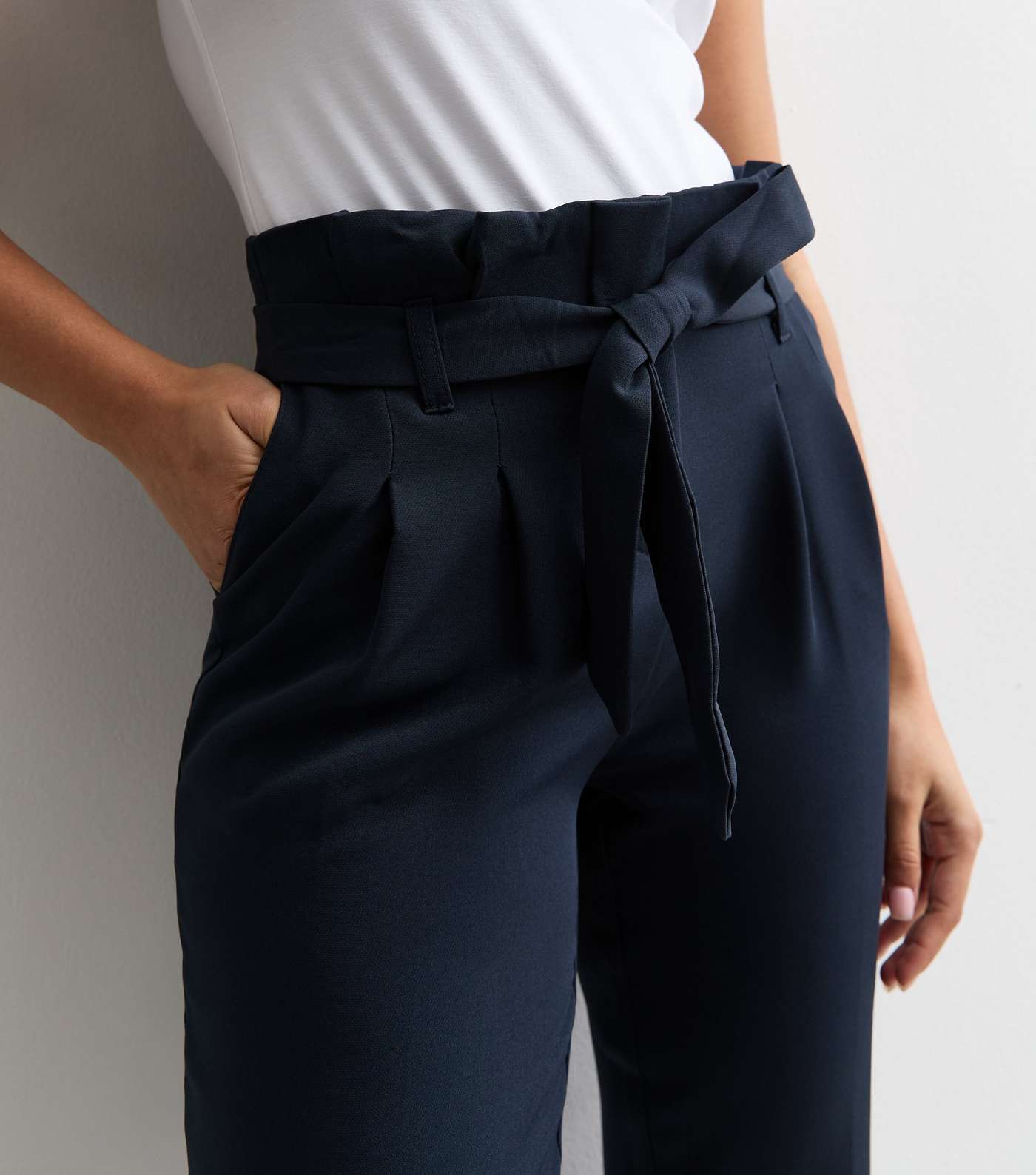Petite Navy High Waist Paperbag Trousers Image 2