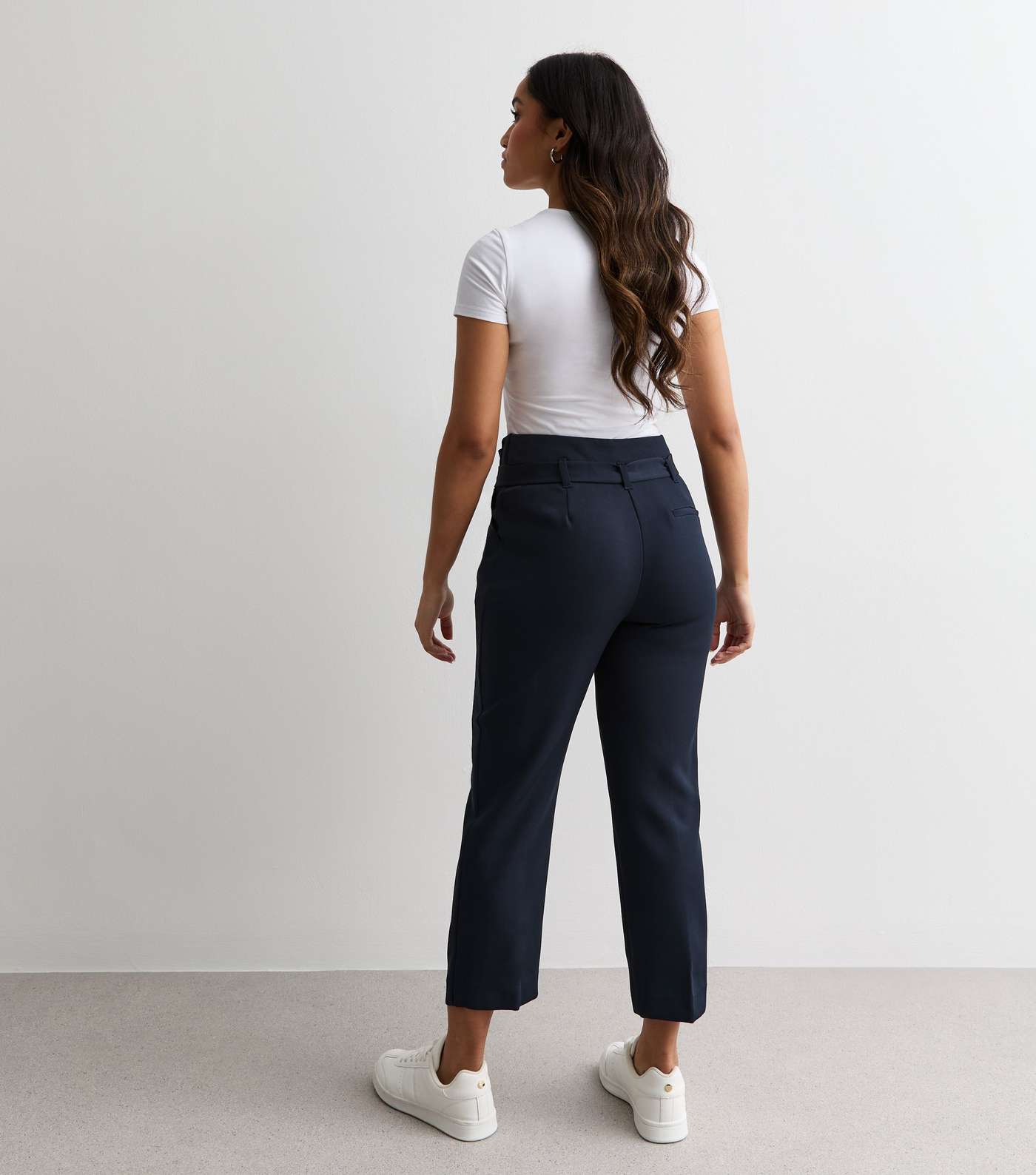 Petite Navy High Waist Paperbag Trousers Image 4