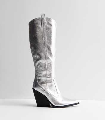 Public Desire Silver Flared Block Heel Cowboy Boots
