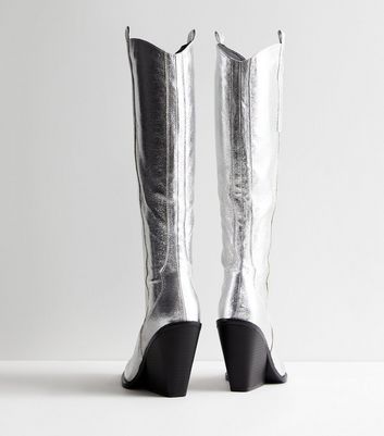 Public Desire Silver Flared Block Heel Cowboy Boots New Look