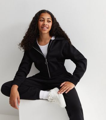 Girls Black Zip Through Cropped Hoodie New Look