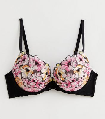 Black Floral Print Embroidered Bra New Look