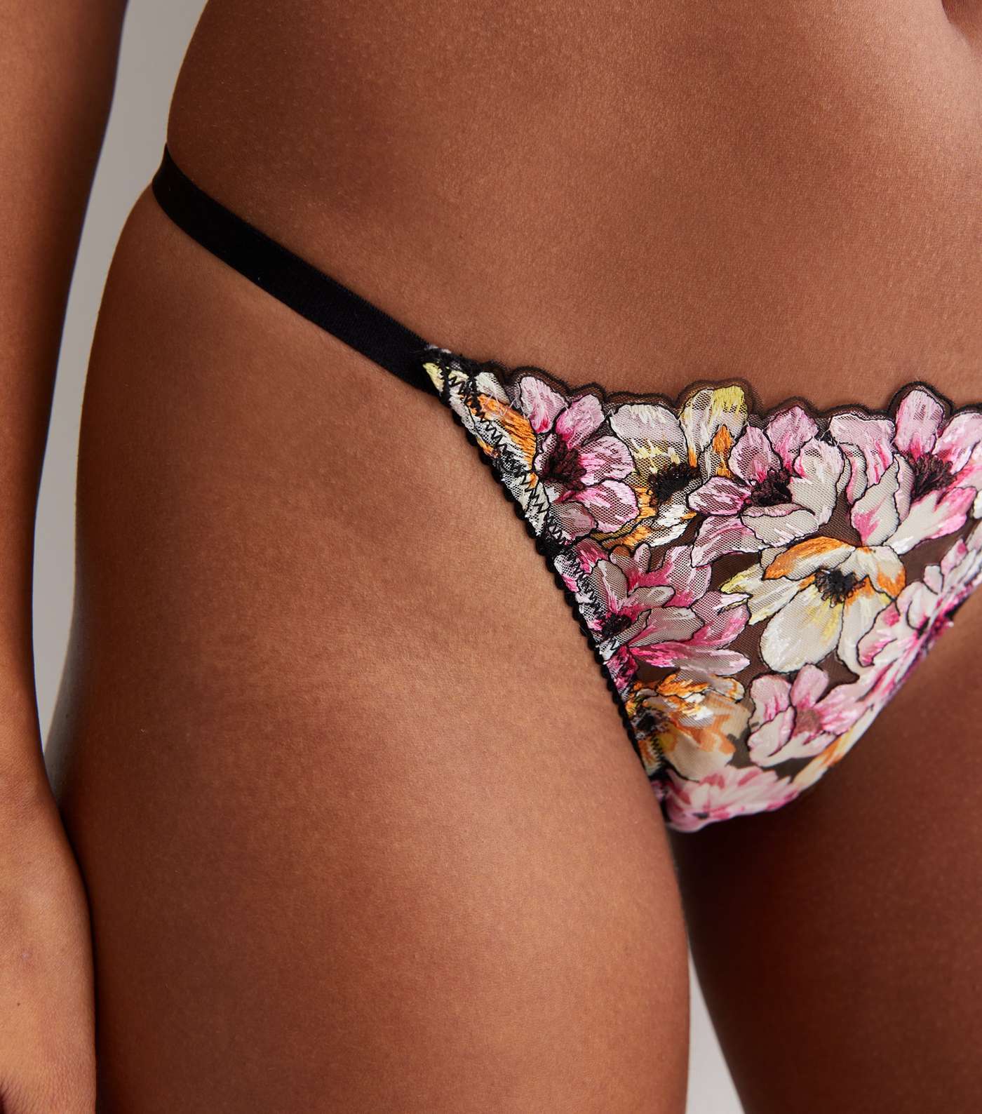 Black Floral Print Embroidered Thong Image 3